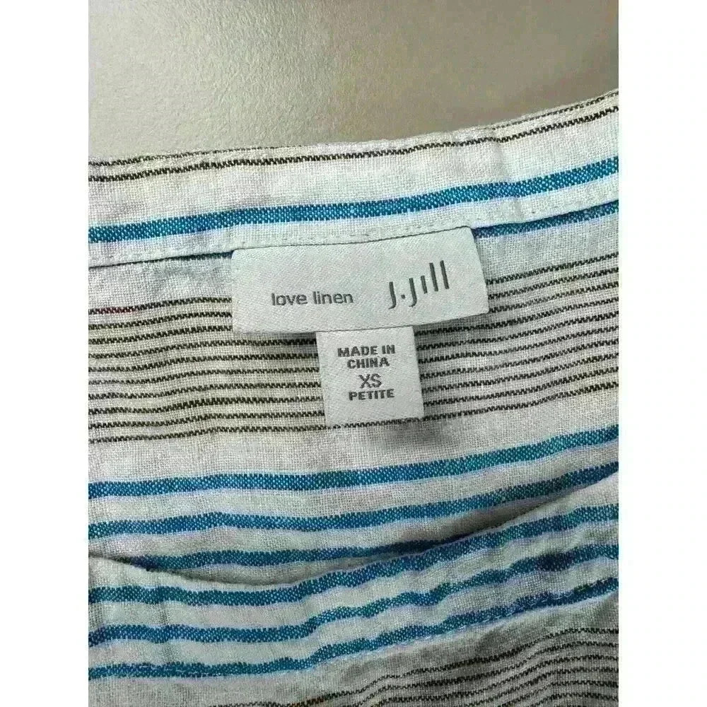 J Jill Love Linen Dress XSmall Petite Sleeveless Pockets Stripe White Blue ALine - Picture 6 of 12